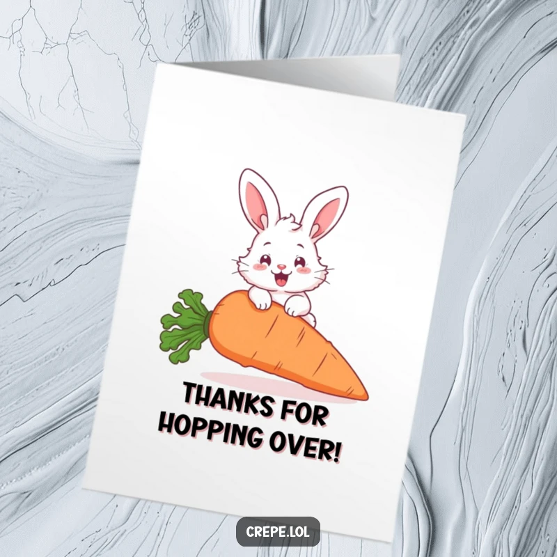 Funny Free Printable Thank You Card: A fluffy bunny with big ears cheerfully hopping over a giant carrot, expressing thanks.