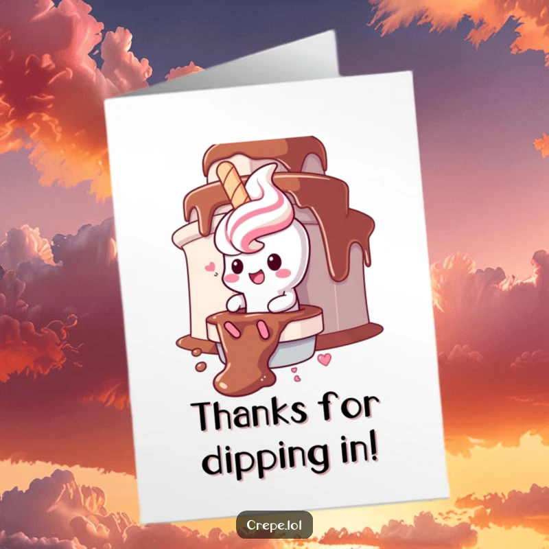 Funny Free Printable Thank You Card: Gleeful churro character sliding down a chocolate fountain, conveying thanks with humor.