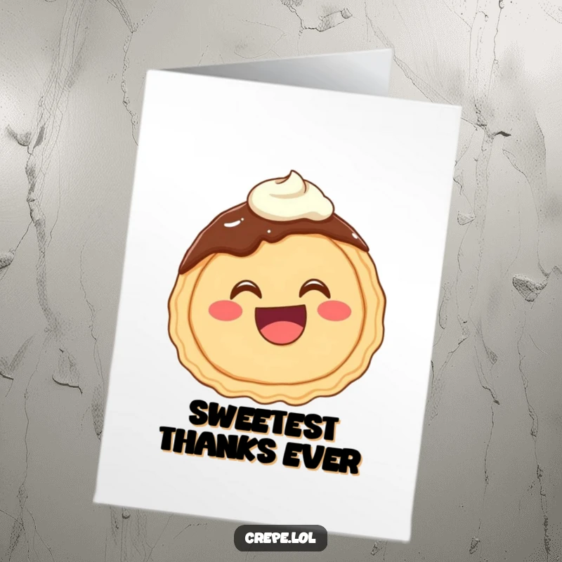 Funny Free Printable Thank You Card featuring a happy chocolate crepe with a wide mouth giggling with frosting, conveying thanks.