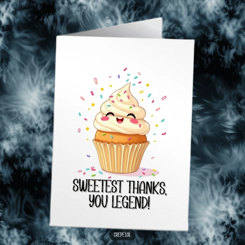 Funny Free Printable Thank You Card with a giggling cupcake joyfully spewing confetti, expressing sincere gratitude.