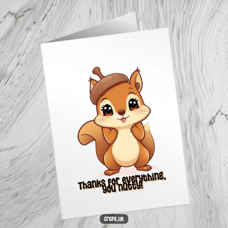 Funny Free Printable Thank You Card: A curious squirrel with big eyes holding a massive acorn aloft, expressing thanks for a great find.