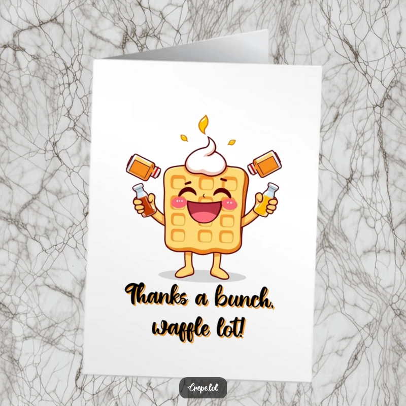 Funny Free Printable Thank You Card: Waffle character with a wide grin juggling syrup bottles, expressing thanks.