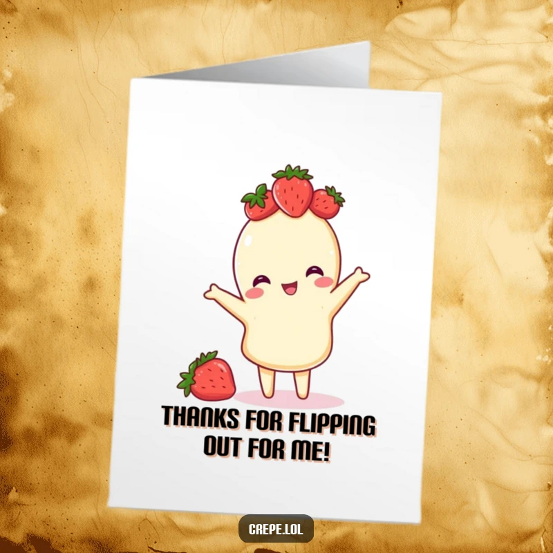Funny Free Printable Thank You Card: A crepe wearing a strawberry crown does a playful flip, expressing sincere thanks.