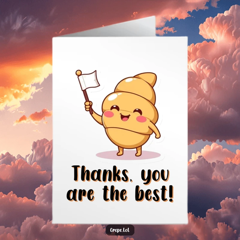 Funny Free Printable Thank You Croissant Card: A smiling croissant character winks and waves a tiny flag to express thanks.