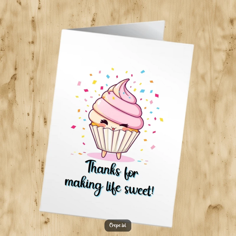 Funny Free Printable Thank You Card: A winking cupcake character showers colorful confetti, sending thanks with a sweet, celebratory gesture.