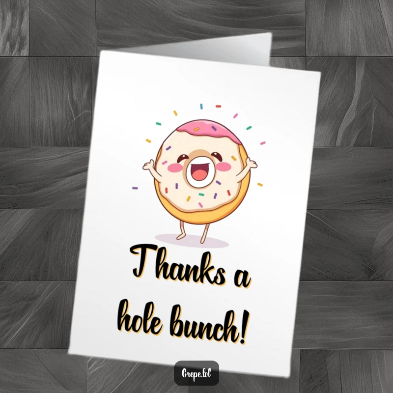 Funny Free Printable Thank You Donut Card: A gleeful donut character dances with sprinkles flying to express sweet gratitude.