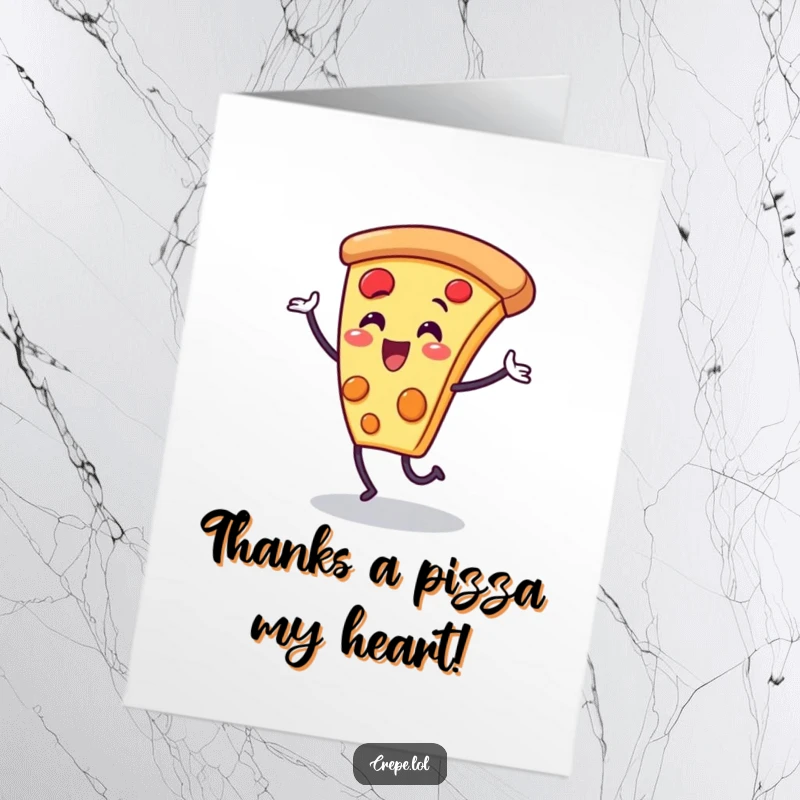 Funny Free Printable Thank You Card: A delighted pizza slice character doing a happy dance to express heartfelt gratitude.