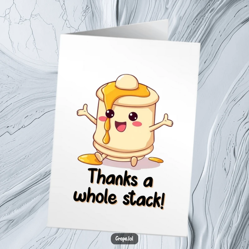 Funny Free Printable Thank You Card: A happy pancake character bouncing with syrup dripping playfully.