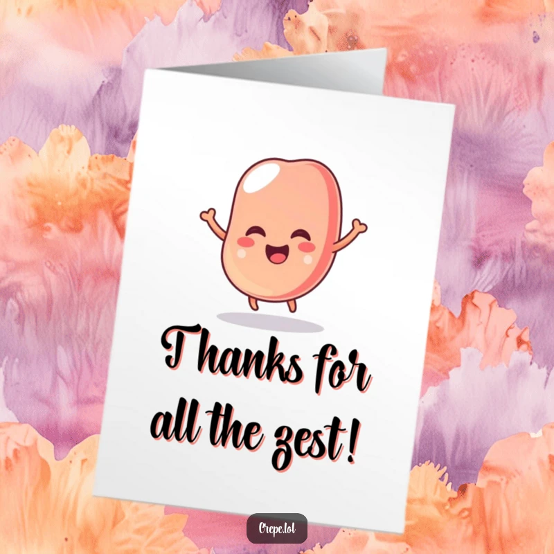 Funny free printable thank you card featuring a wobbly jelly bean bouncing with glee, expressing appreciation with playful energy.