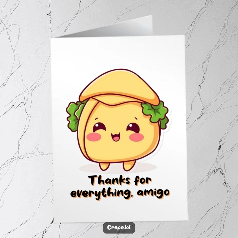 Funny Free Printable Thank You Card: A beaming taco tipping its shell like a hat, expressing thanks with personality.