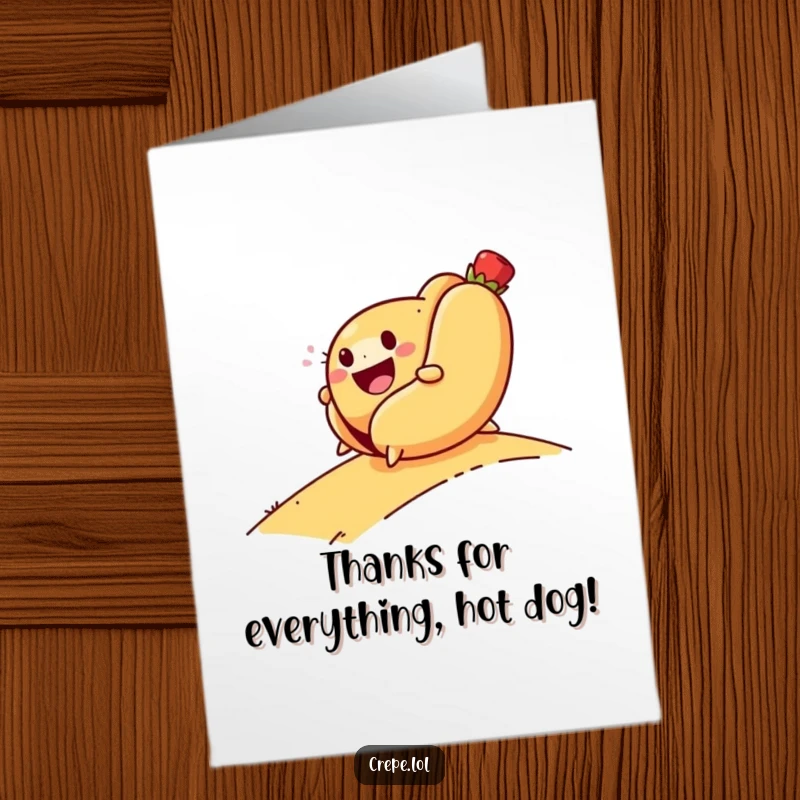 Funny Free Printable Thank You Card: A smiling hot dog rolls down a hill with glee, sending heartfelt thanks with a fun twist!