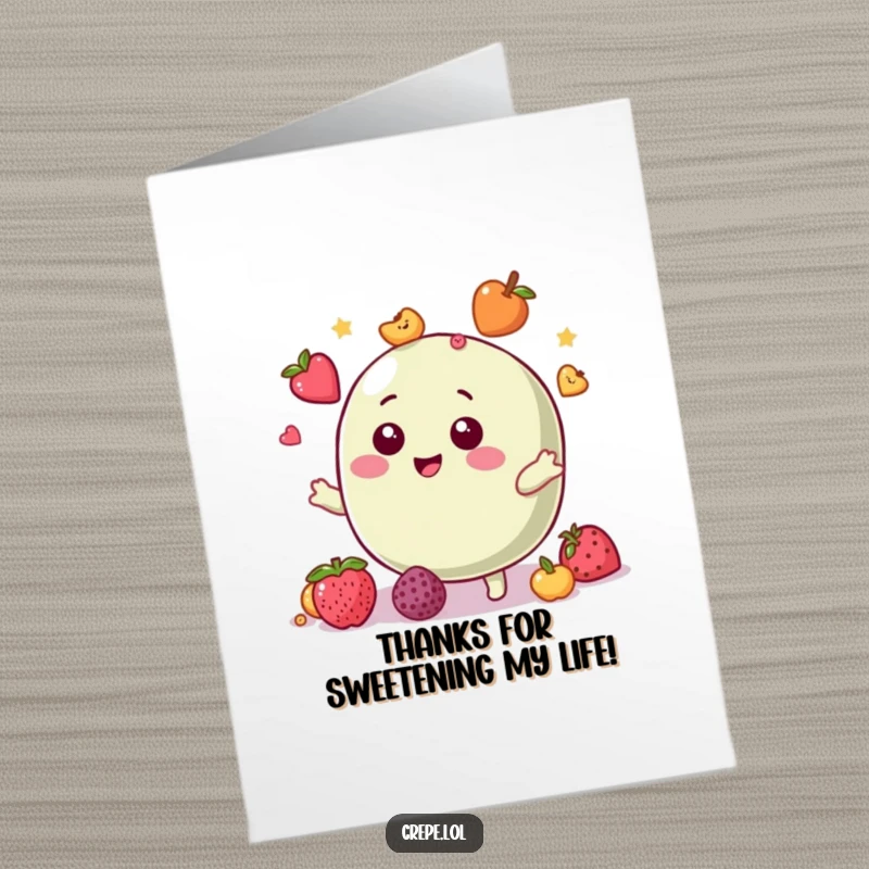 Funny free printable thank you card of a giggling macaron character juggling small fruit toppings with charming style.