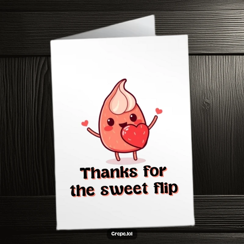 Funny Free Printable Thank You Card: A smiling red crepe with a strawberry heart does a flip, offering thanks with sweet, energetic flair.