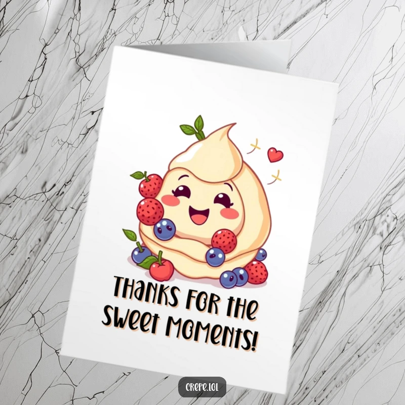 Funny Free Printable Thank You Card: A smiley crepe with berries twirling around conveys thanks with a sweet, humorous, DIY downloadable.