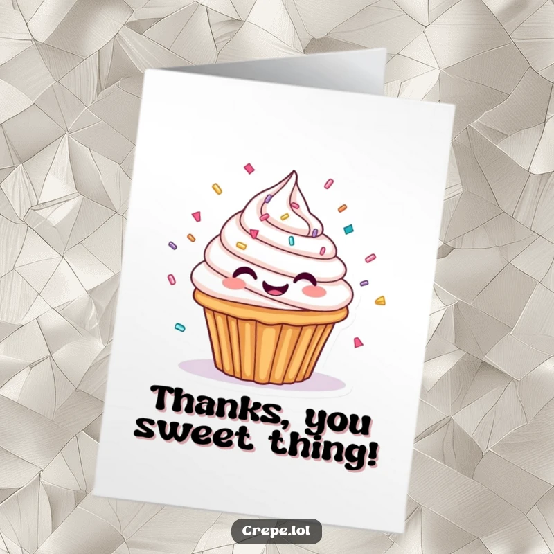 Funny Free Printable Thank You Card: A happy cupcake with frosting sprinkles spins around, sending sweet thanks your way!