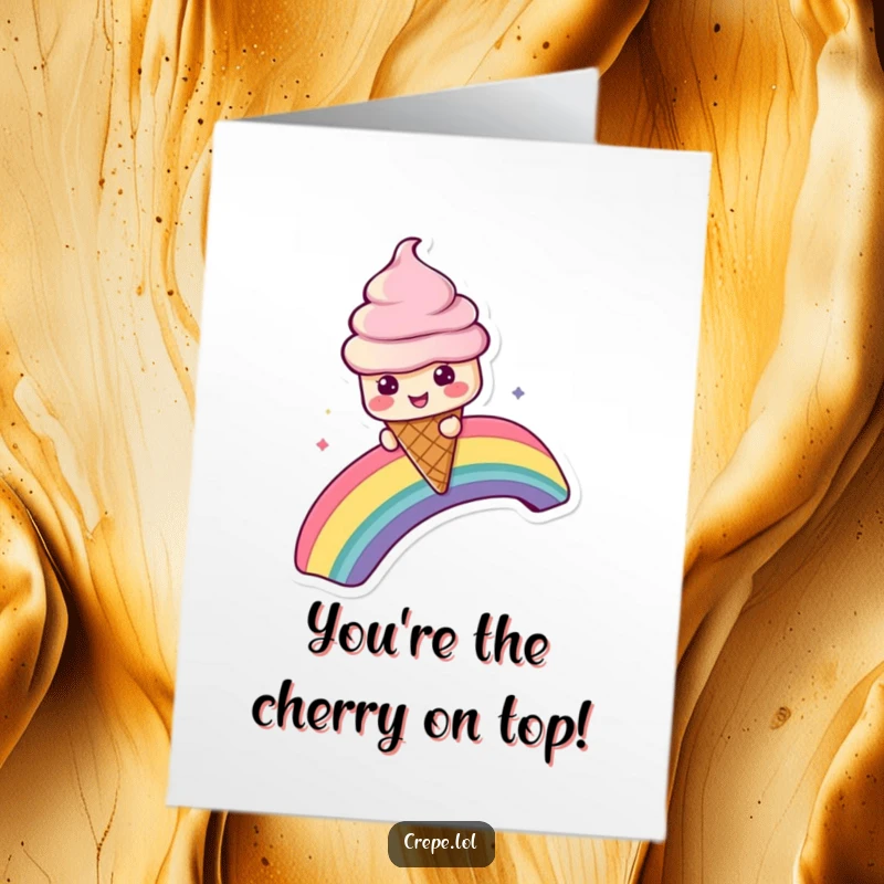 Funny free printable thank you card featuring a playful ice cream cone character sliding down a rainbow, expressing thanks sweetly.