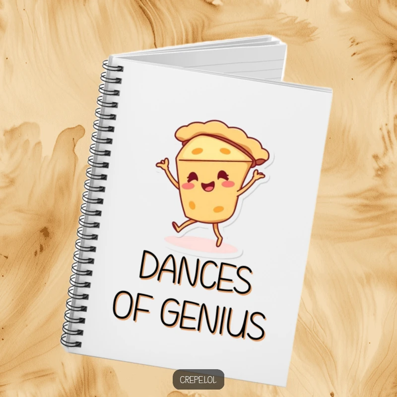 Funny pie character notebook doing a silly dance, ideal for journaling and note-taking.