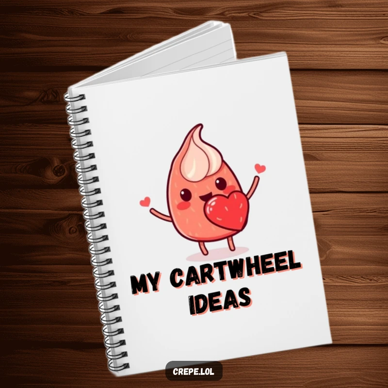 Funny notebook with a smiling red crepe with a strawberry heart, flipping happily, ideal for recipe notes.