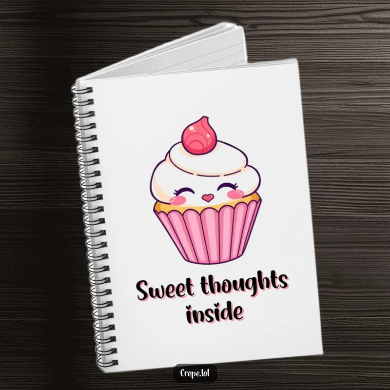 Funny smiling cupcake character notebook blowing a kiss, ideal for journaling and note-taking.
