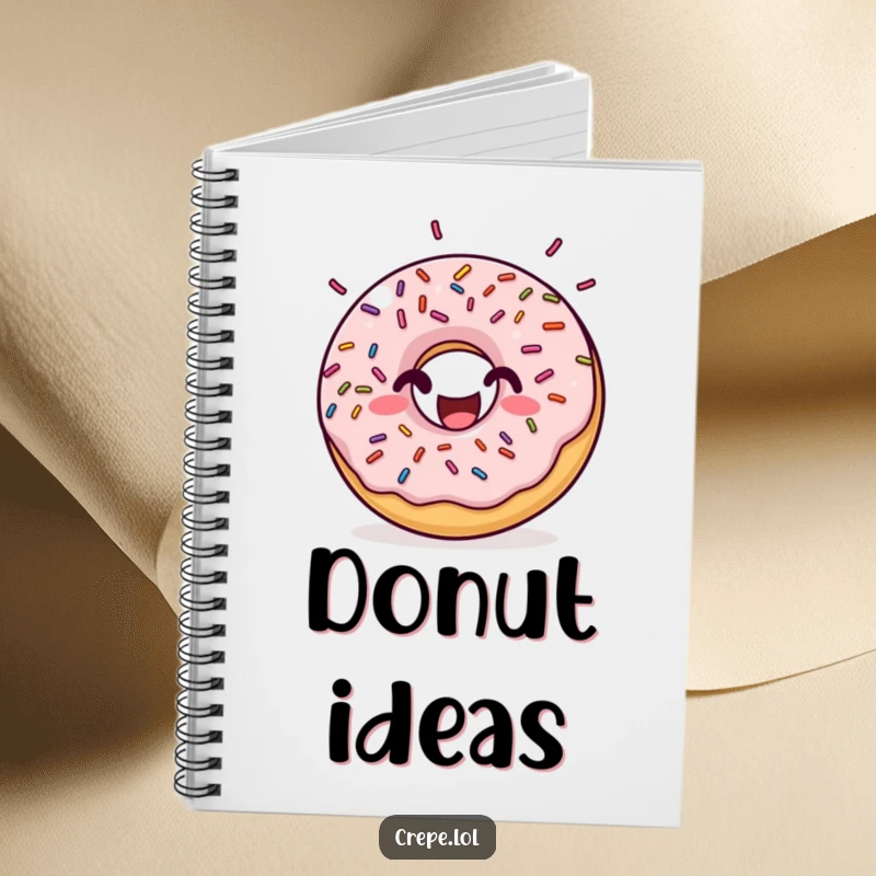 Funny donut sprinkles notebook, featuring a happy donut with rhythmic bouncing sprinkles, ideal for jotting down notes with a humorous, sweet touch.