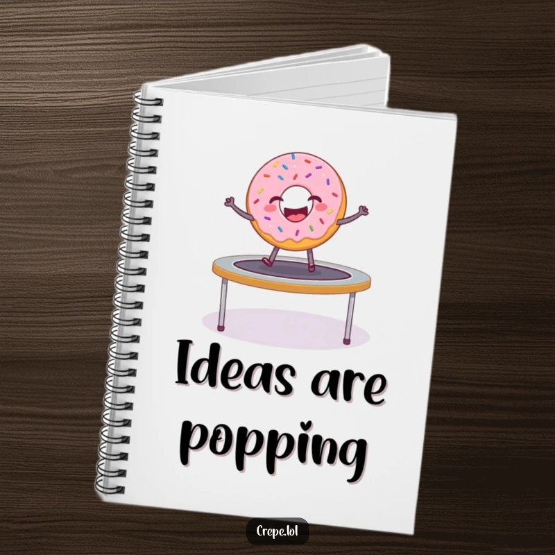 Funny donut with sprinkles jumping on a trampoline, featured on a notebook cover.
