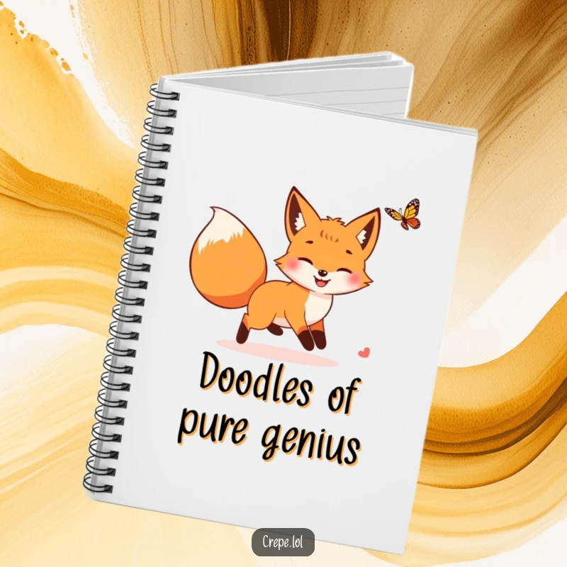 Funny fox with a bushy tail chasing a butterfly, inspiring creativity in this humorous notebook.