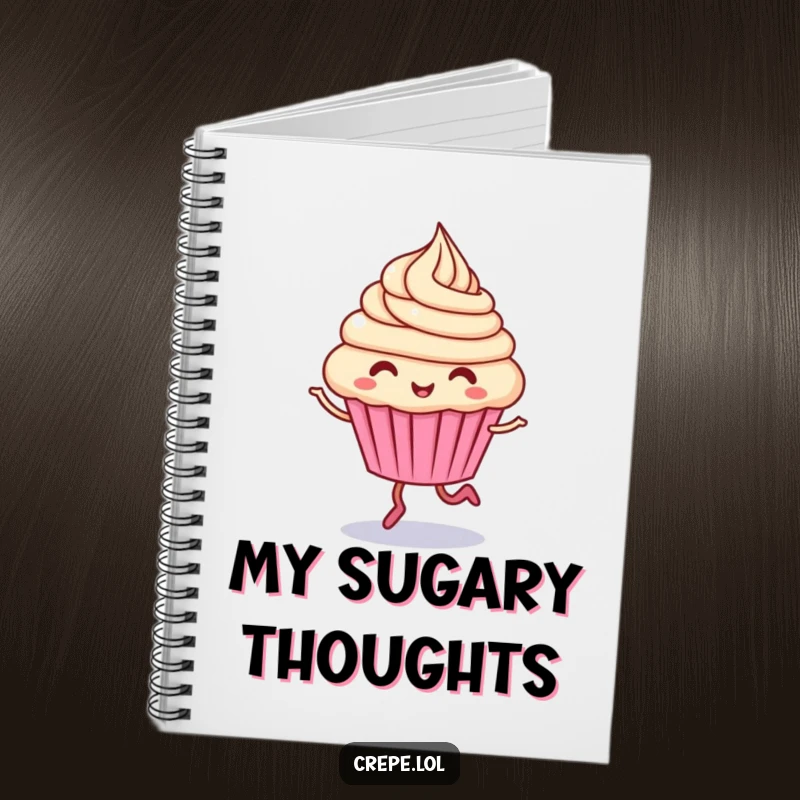 Funny cupcake character notebook, giggling and hopping with swirling frosting, ideal for sweet notes.
