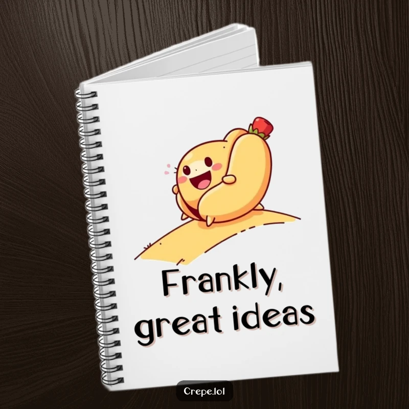 Funny notebook featuring a smiling hot dog rolling downhill, great for writing and capturing adventurous thoughts.