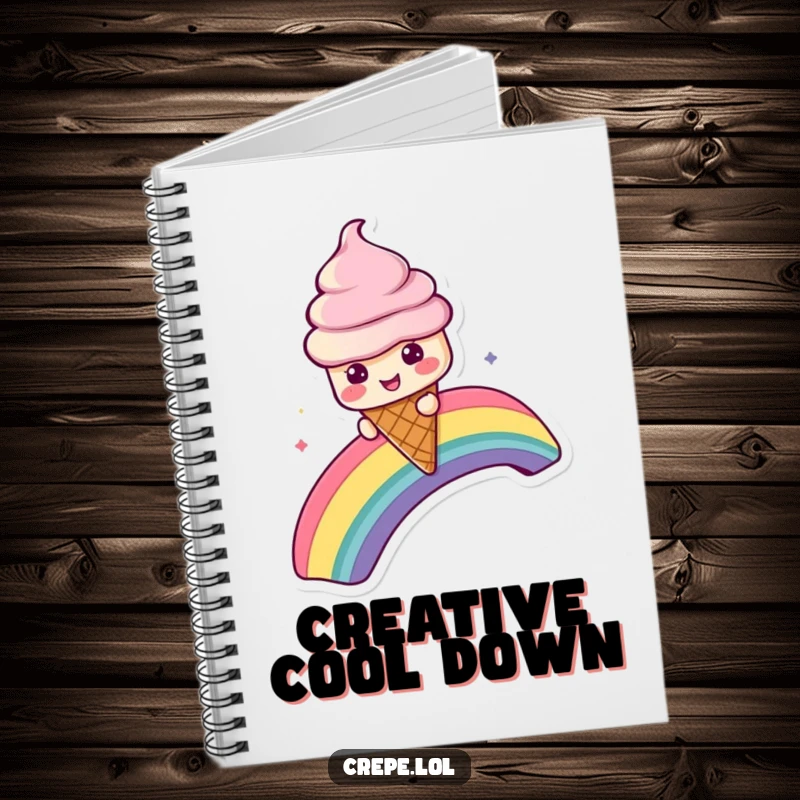 Funny notebook featuring an ice cream cone character sliding down a rainbow, perfect for jotting down sweet ideas.
