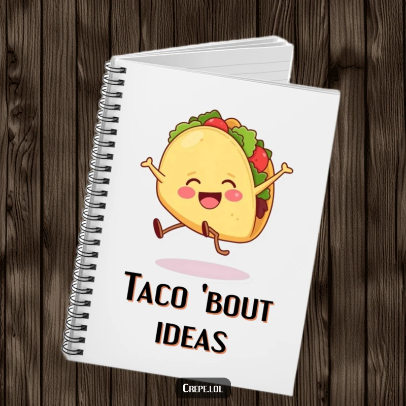 Funny notebook with a smiling taco doing a cartwheel, ideal for writing, drawing, and capturing funny thoughts.