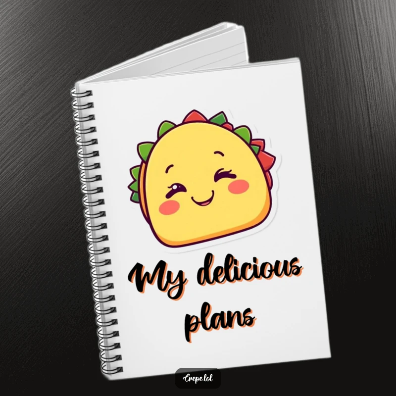 Funny taco notebook, a cheerful taco happily winking with a cheesy grin. Ideal for notes, recipes, and gifting.