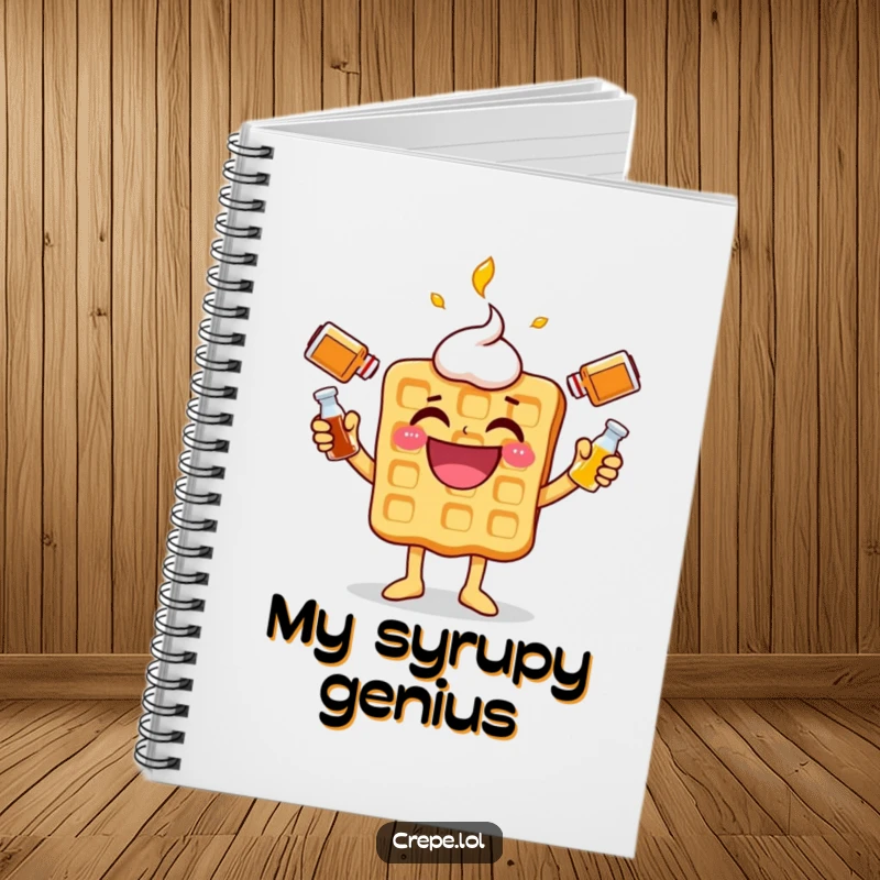 Funny waffle character notebook, juggling syrup bottles, perfect for jotting down funny ideas.