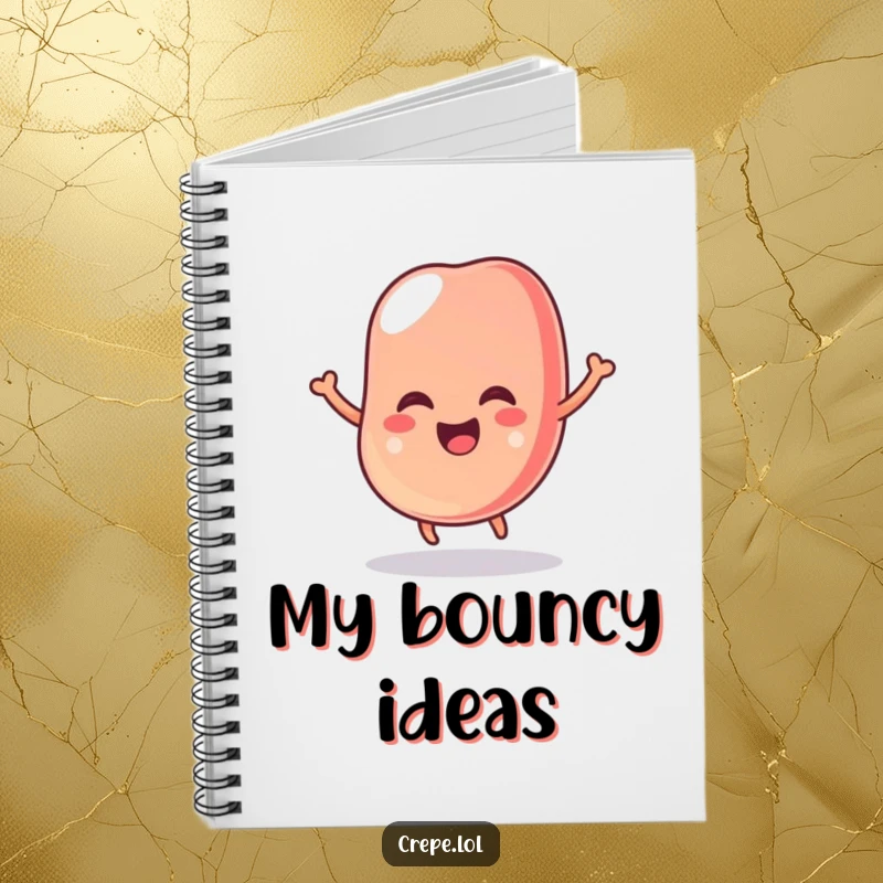 Funny notebook with a wobbly jelly bean illustration, bouncing with glee, perfect for capturing thoughts and sweet ideas.