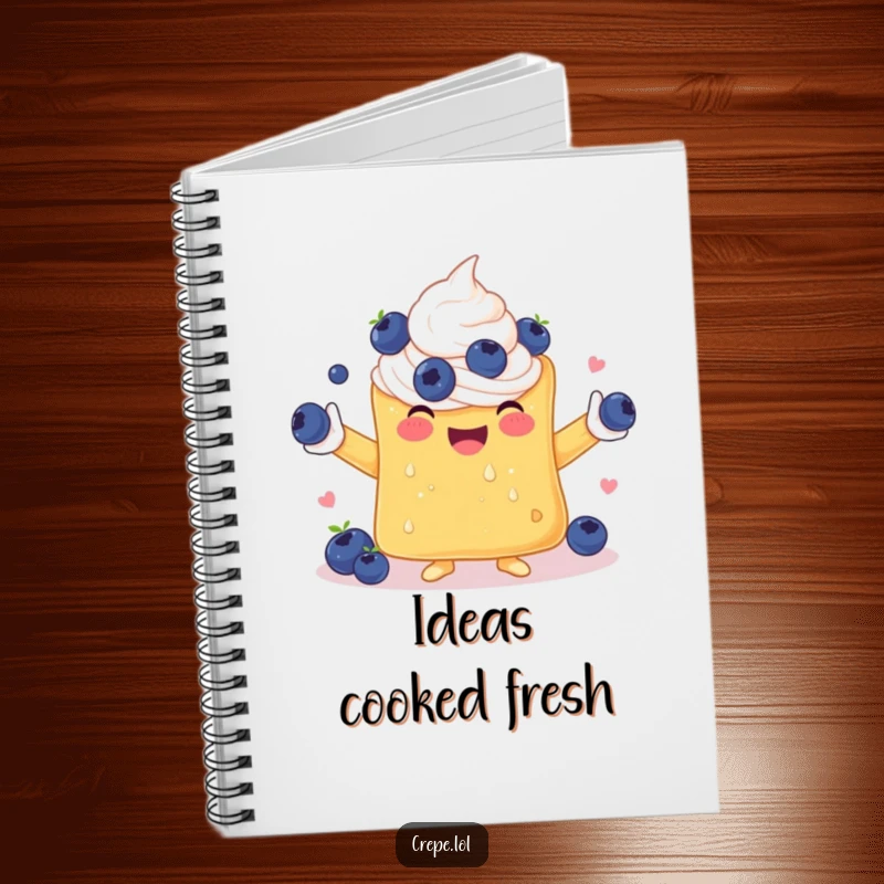 Funny notebook cover with a cheerful crepe using whipped cream arms to juggle a vibrant assortment of blueberries.