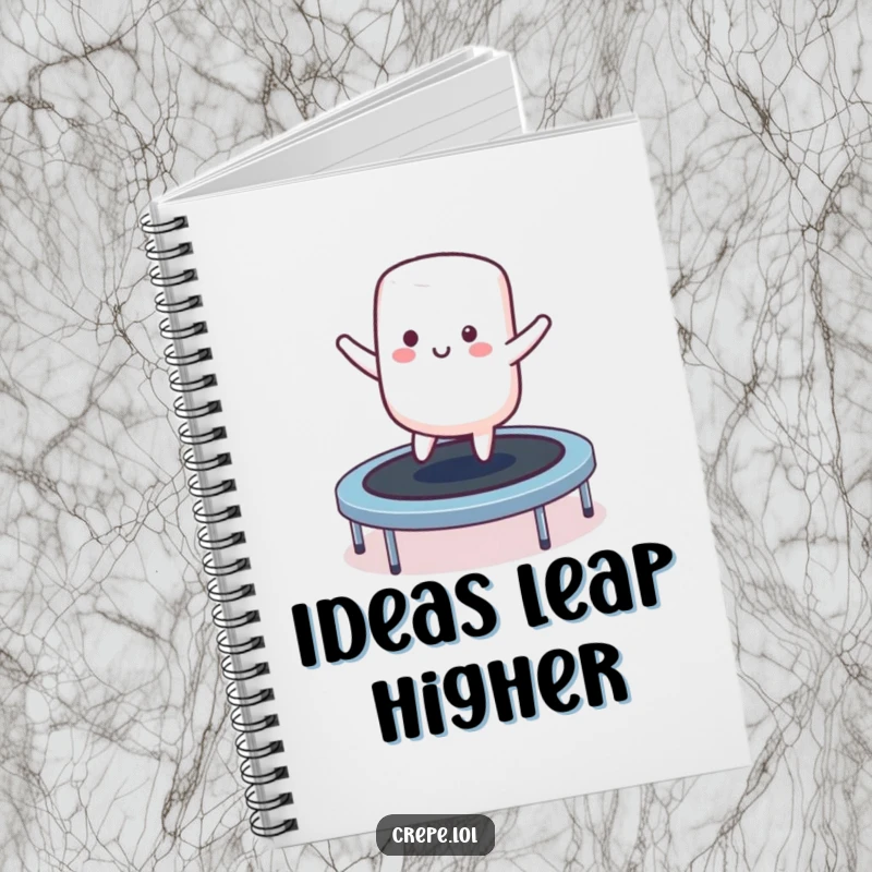 Funny smiling marshmallow character notebook bouncing on a trampoline, ideal for journaling and note-taking.