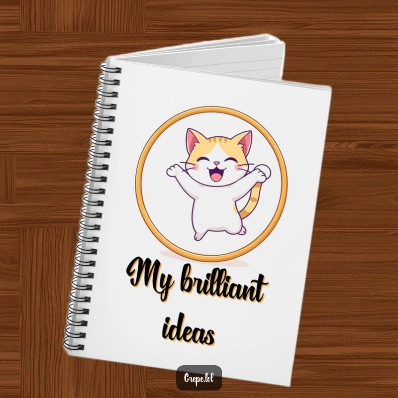 Funny notebook featuring a delighted cat with a wagging tail jumping through a hoop, perfect for jotting ideas.