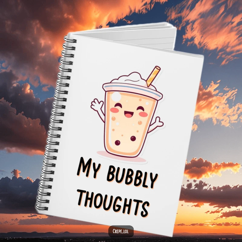 Funny bubble tea character notebook, happily waving with its straw, ideal for cheerful notes.