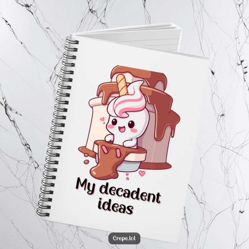 Funny churro character notebook, gleefully sliding down a chocolate fountain, ideal for sweet notes.