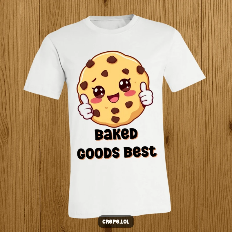 Funny graphic tee featuring a happy chocolate chip cookie giving a thumbs up, symbolizing joy and deliciousness, great for gifting.
