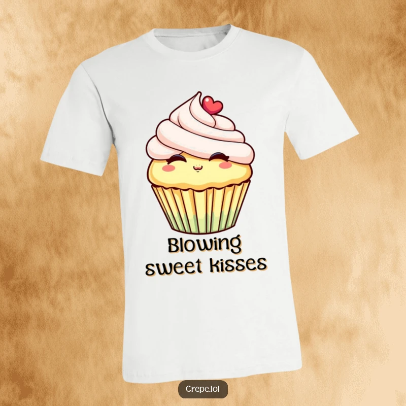 Funny t-shirt showcasing a happy cupcake with creamy frosting, charmingly blowing a kiss with a playful expression.