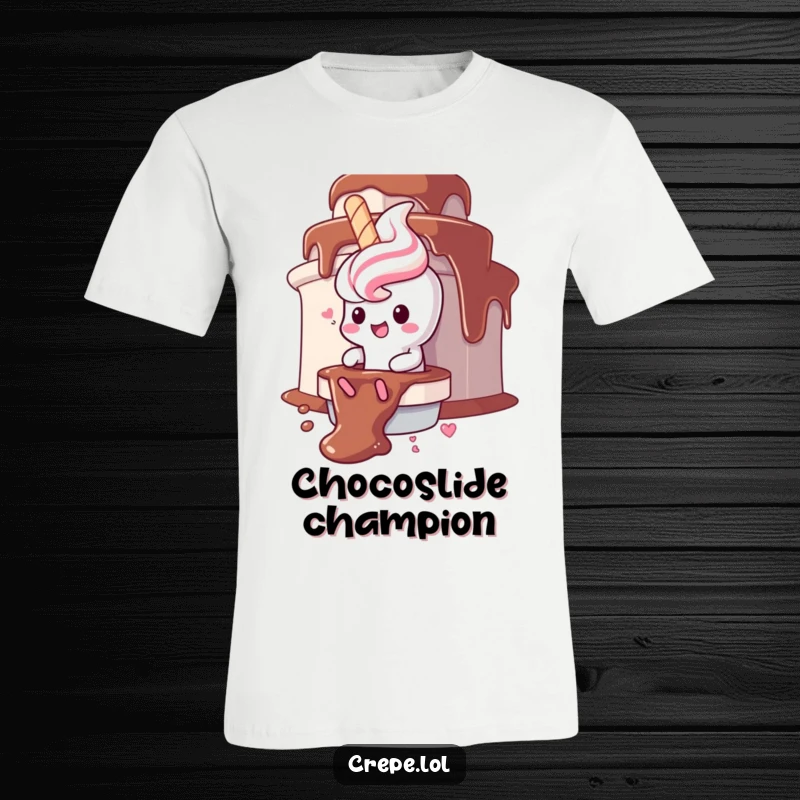 Funny churro character T-shirt, gleefully sliding down a chocolate fountain, perfect for sweet moments.