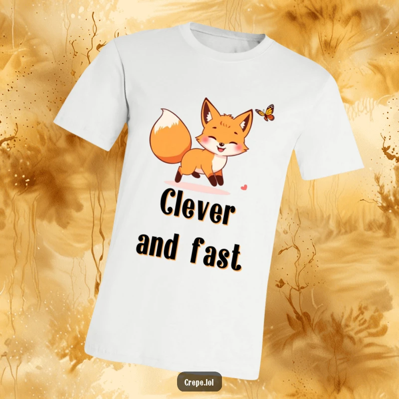 Funny fox with a bushy tail gleefully chasing a butterfly, printed on a hilarious t-shirt for whimsical souls.