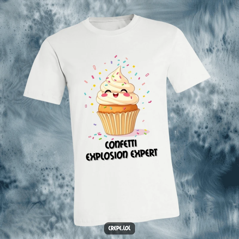 Funny t-shirt showing a joyful cupcake erupting with confetti, a celebration of fun and deliciousness.