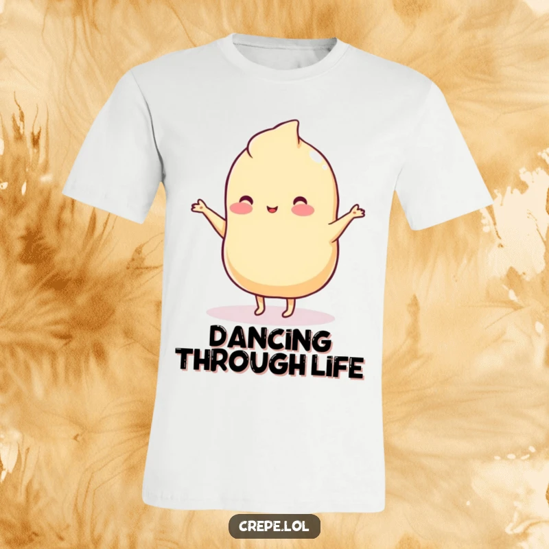 Funny t-shirt depicting a wobbly plain crepe with tiny legs caught mid-silly-dance, full of playful energy.