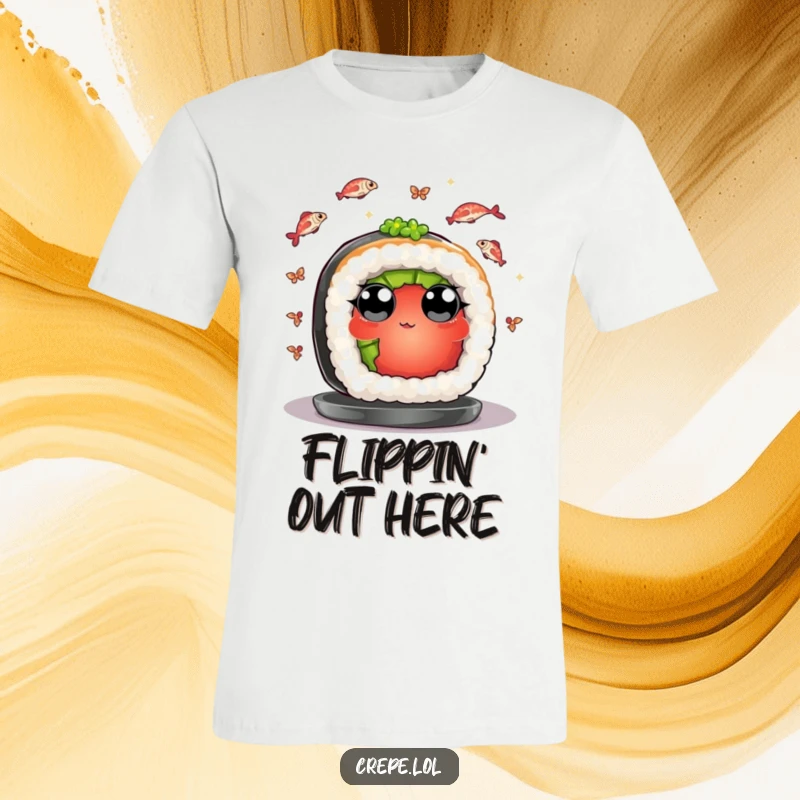 Funny t-shirt showing a sushi roll with wide eyes skillfully juggling tiny fish. A humorous take on seafood.