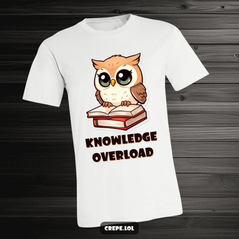 Funny t-shirt graphic of an owl with wide, amazed eyes perched atop a pile of books, looking shocked.