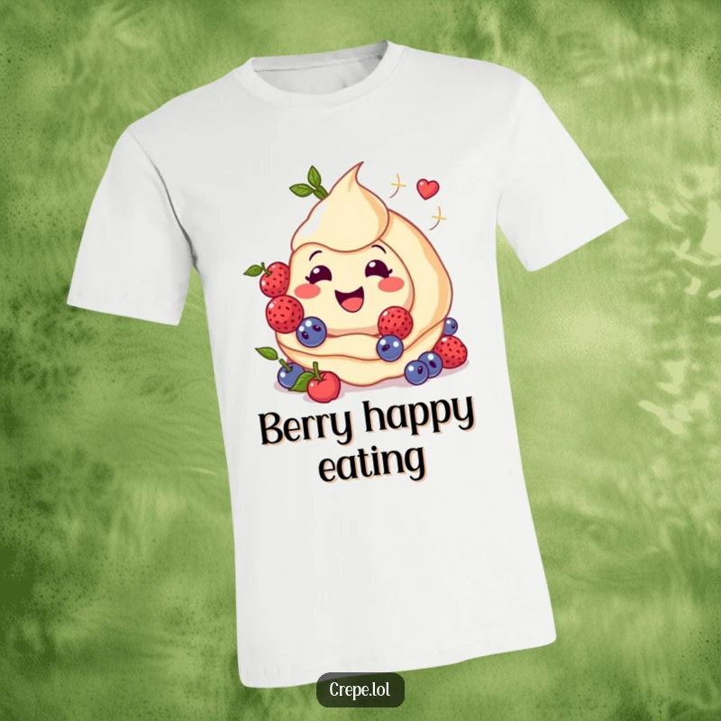 Funny t-shirt print of a happy crepe surrounded by a vortex of vibrant berries, radiating sweet joy.