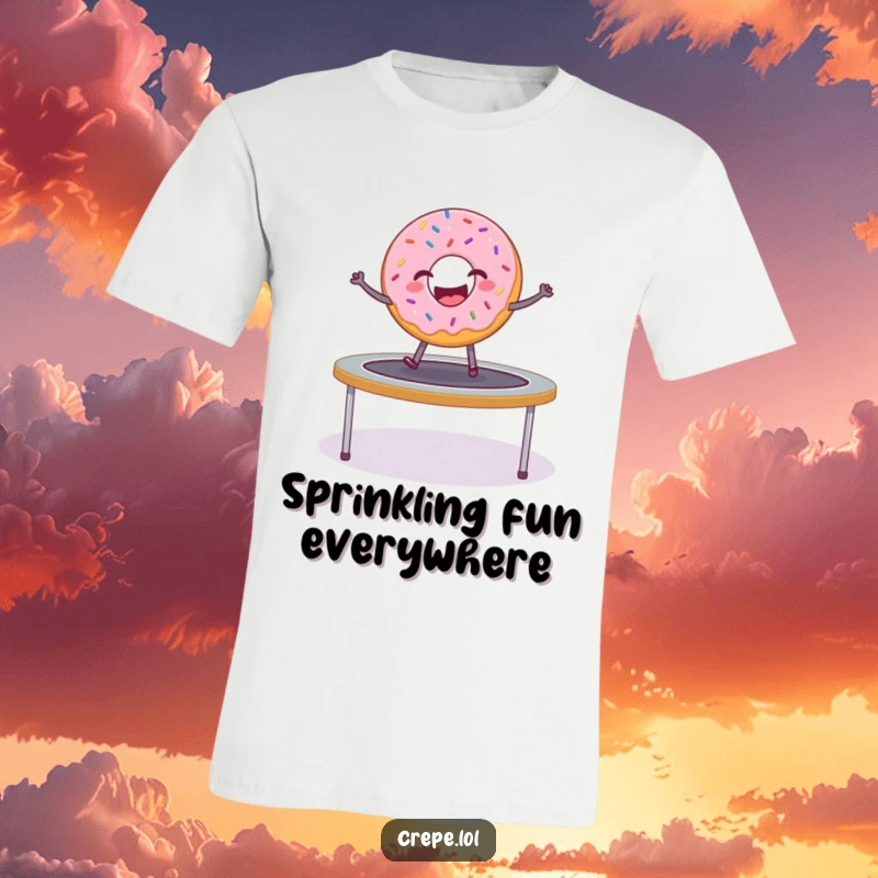 Funny donut with sprinkles mid-bounce on a trampoline, printed on a comfortable t-shirt.