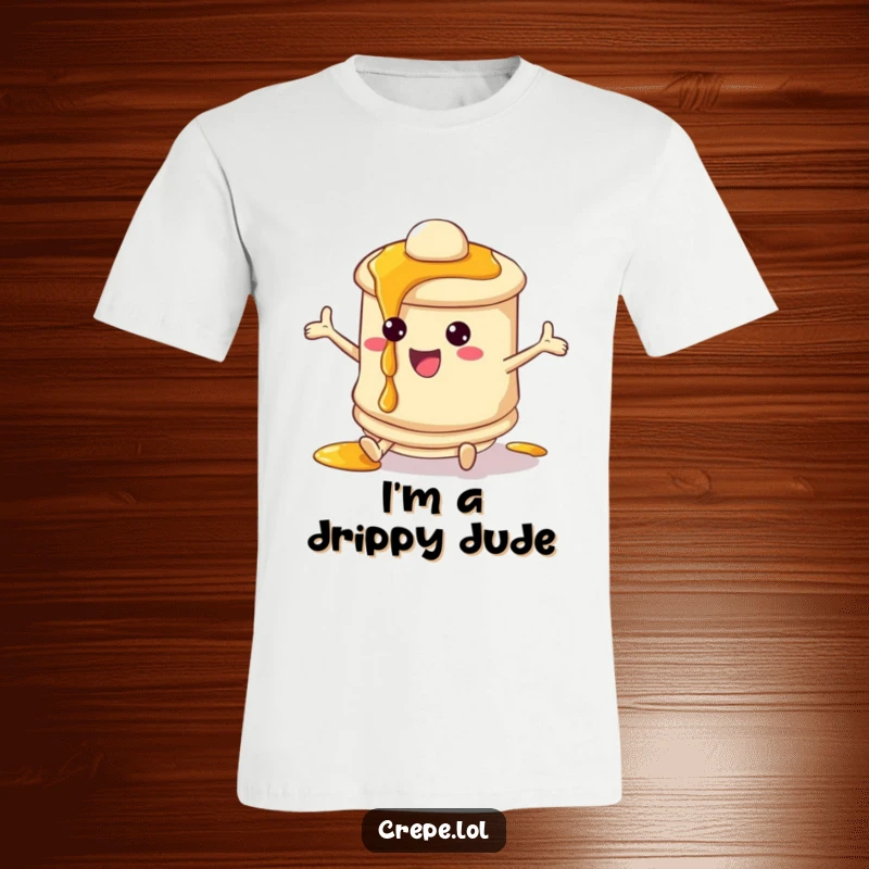 Funny bouncing pancake character t-shirt with dripping syrup, a whimsical and playful design. Ideal for breakfast lovers and humor fans.