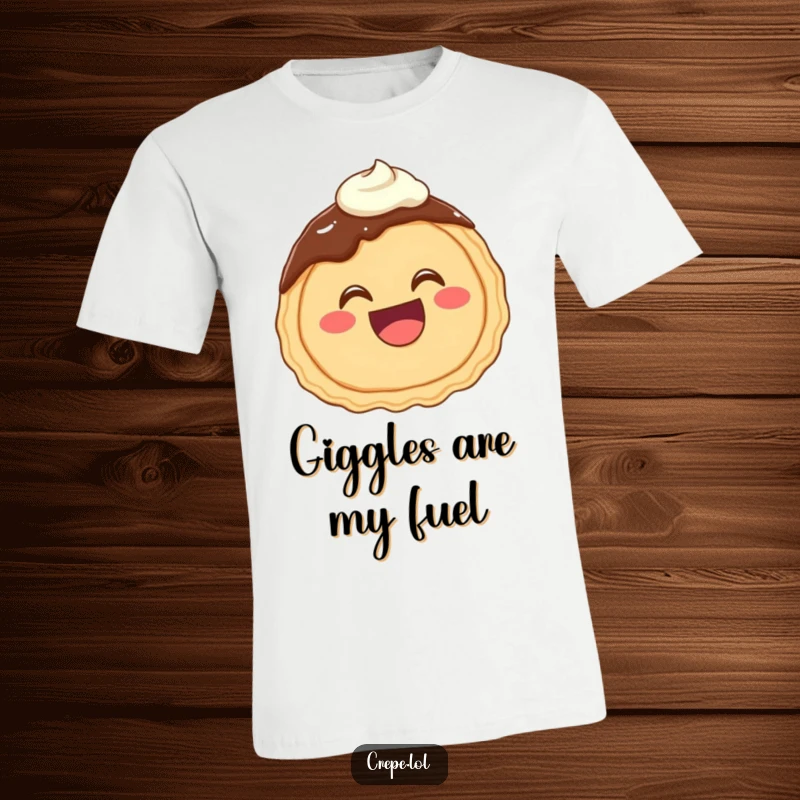 Funny t-shirt showcasing a happy chocolate crepe with an open, giggling mouth, playfully smeared with frosting.